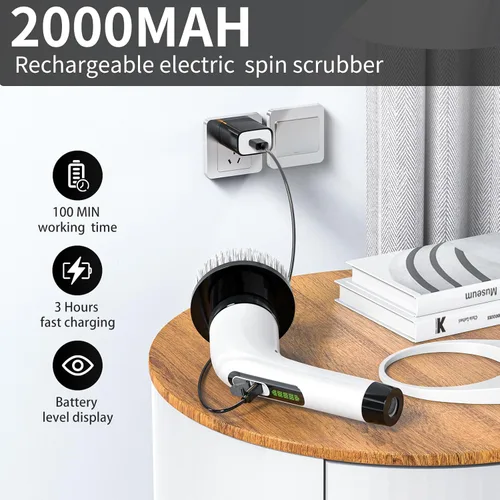 Vista 5 de Limpiador eléctrico inalámbrico giratorio – IPX7 impermeable, pantalla LCD, 8 cabezales de cepillo, mango de extensión ajustable, para ducha