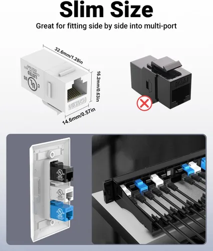 Vista 6 de VCE Acoplador en línea de conector Keystone CAT6 RJ45 con certificación UL, paquete de 5, extensor de cable Ethernet hembra a hembra, color blanco