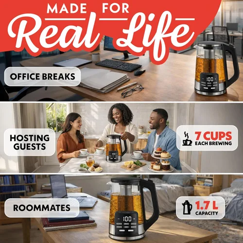 Vista 7 de Gourmia Hervidor eléctrico programable de vidrio – 1.7L Control de temperatura para té y café con pantalla táctil digital, 6 ajustes