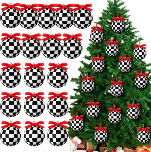 Meooeck 36 adornos de bolas de Navidad en blanco y negro con lazos rojos de 2.36'' bolas de plástico con purpurina a cuadros patrón búfalo adornos