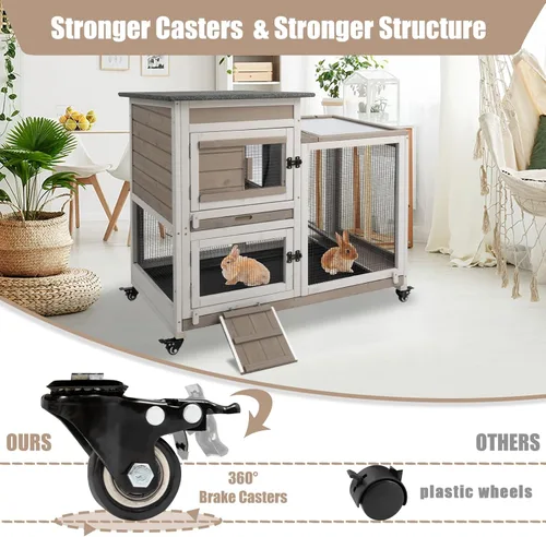 Vista 7 de PetsCosset Conejera de madera para interiores de 40 pulgadas de largo, grande, de 2 pisos, con carrera, 4 ruedas de metal y 2 bandejas más