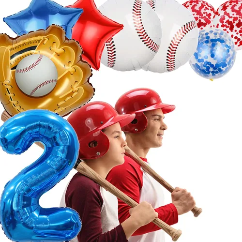 Vista 7 de Globos de béisbol de papel de aluminio para decoración de cumpleaños, globos con el número 2, globos de confeti de estrella roja y azul para Béisbol