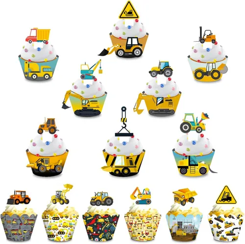 Juego de 28 piezas de decoración para cupcakes y envoltorios para niños, camión excavador, carretilla elevadora, tractor, excavadora de automóvil