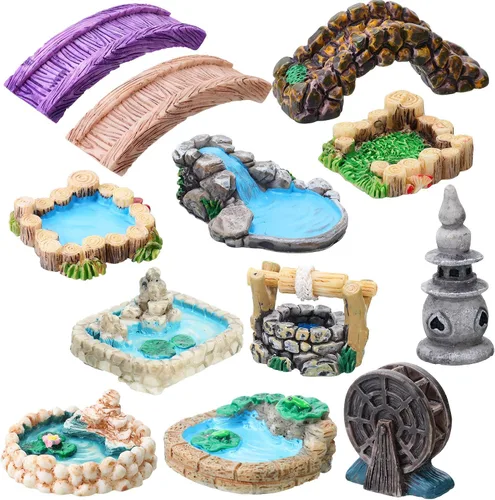 Jetec 12 piezas de accesorios de jardín en miniatura, puente, mini faro, pozo de agua, figuritas de puente, figuritas de adorno para estanque y