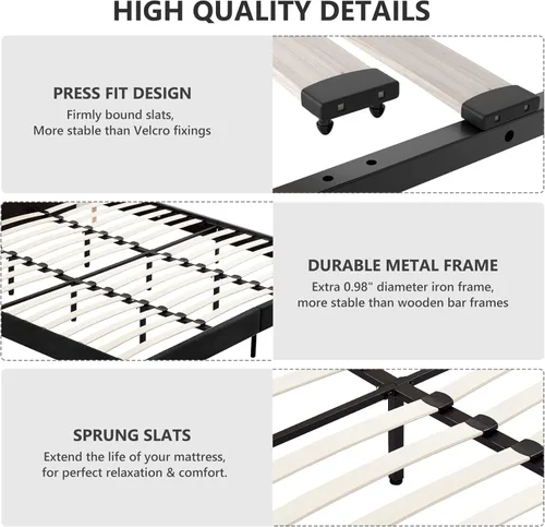 Vista 6 de Flolinda Base de cama de plataforma tamaño Queen con cabecera tapizada de terciopelo y soporte de listones de madera, base de colchón totalmente