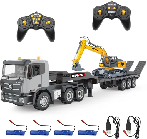 Fistone Juego de semirremolque y excavadora a control remoto, juguetes de control remoto de 2.4 GHz, tractor de ingeniería de semirremolque RC 1:24
