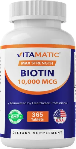 Vitamatic Biotina 10,000 mcg (10 mg) para cabello, piel y uñas más fuertes - 365 tabletas veganas - también llamada vitamina B7