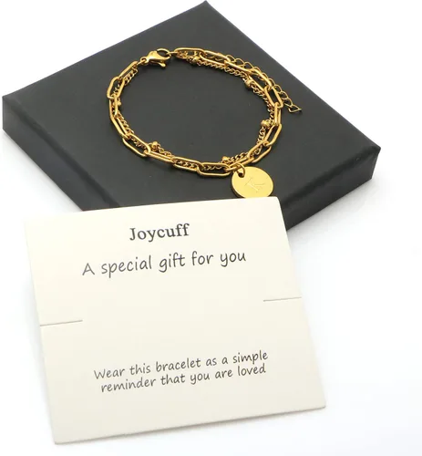 Vista 6 de JoycuFF Pulseras de iniciales de capa para adolescentes, niñas, mujeres, pulseras de oro de 18 quilates con cuentas para ella, cadena de eslabones