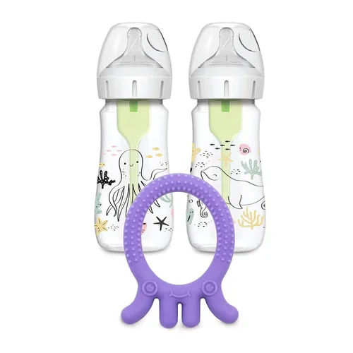 Dr. Brown's Natural Flow Anti-Colic Options+ Biberón de cuello ancho, diseño oceánico, 9 oz/9.1 fl oz, pezón nivel 1, paquete de 2, 0.0 ft+ con
