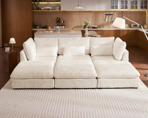 Vista 23 de Sofá modular de gran tamaño, sofá modular de pana extra profundo con diván otomano, sofás de felpilla esponjosa en forma de L para sala de estar