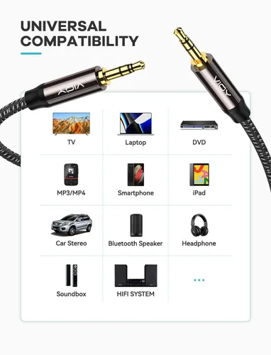Vista 2 de VIOY Cable auxiliar (1 m), [carcasa de cobre, sonido de alta fidelidad] cable auxiliar trenzado de 3,5 mm de macho a macho compatible