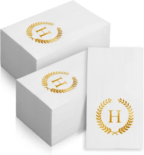 Vista 13 de Paquete de 200 servilletas desechables con monograma de papel de aluminio dorado con letra S, toallas de papel desechables para boda, compromiso