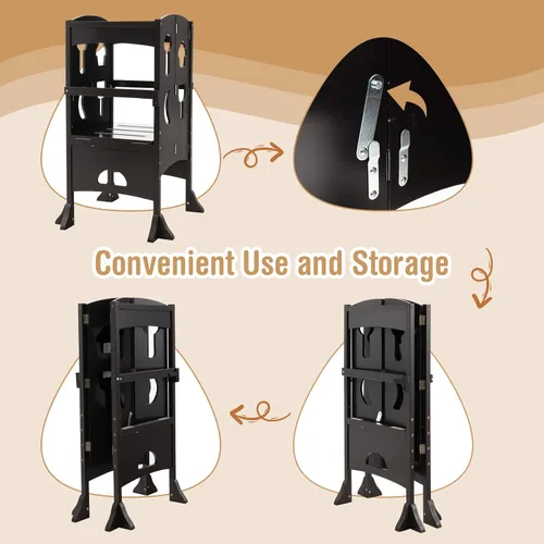 Vista 5 de HONEY JOY Taburete de cocina para niños pequeños, torre de pie de madera con barandilla de seguridad, taburete de aprendizaje plegable Montessori