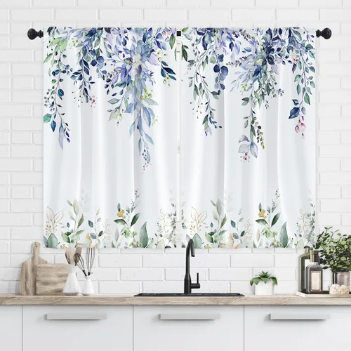 Vista 10 de Cortina de eucalipto negro y gris, cenefa para tratamiento de ventana, estilo bohemio, rústico, floral, bolsillo para barra, cortinas de ventana