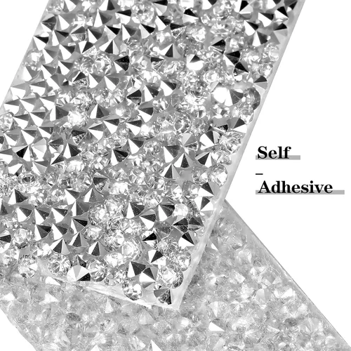 Vista 3 de 4 rollos de cinta autoadhesiva de diamantes de imitación de 8.8 yardas, tiras de diamantes de imitación plateados para manualidades, manualidades