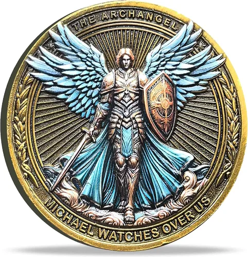 Vista 9 de La moneda de desafío del Arcángel Miguel vela por nosotros - Salmo 91:10-11 Moneda coleccionable religiosa inspiradora con estuche protector Paquete