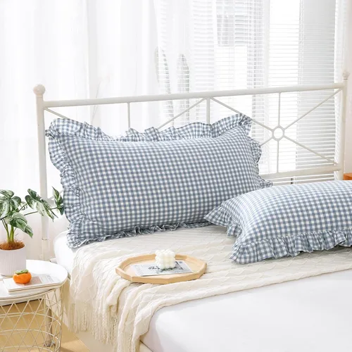 Vista 45 de Paquete de 2 fundas de almohada europeas a cuadros azul polvoriento, blanco, a cuadros, 100% algodón lavado, a cuadros, estilo francés, rústico