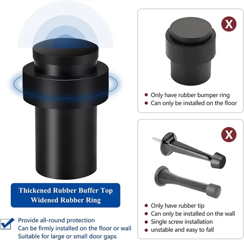 Vista 3 de Tope de puerta de 2.5 pulgadas para puerta de piso cilíndrico negro, protector de pared de goma de acero inoxidable resistente para parte inferior