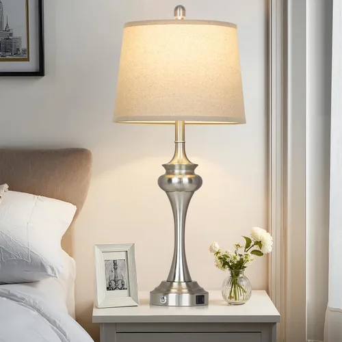 Vista 6 de Rinweey 30 inch Silver Table Lamp Single, 3 Way Touch Control Bedside Lamp with USB A+C Ports, Modern Brushed Nickel Bedroom Lamps for Nightstand