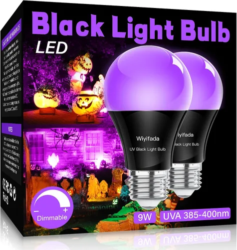 Paquete de 2 bombillas LED negras, A19 de 9 W, luz negra UV que reemplaza hasta 100 W, 120 V, base E26, nivel UVA 385-400 nm, brilla en la oscuridad