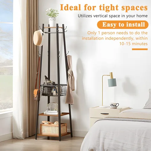 Vista 10 de VECELO Perchero independiente, árbol de pasillo con cesta de metal y estantes de almacenamiento, perchero industrial con 8 ganchos para colgar