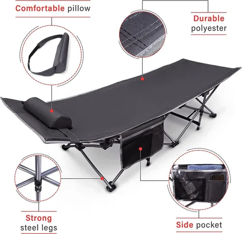 Vista 3 de VaygWay Catre plegable de viaje para acampar al aire libre, gris, ligera, cómoda, portátil, resistente, plegable, cama para dormir con bolsillo