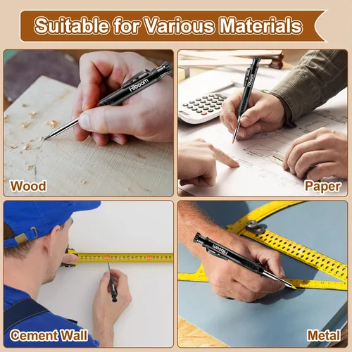 Vista 5 de Hiboom Paquete de 4 lápices de carpintero con 36 repuestos (rojo, negro, amarillo), herramienta de marcado de carpintería resistente de 0.116