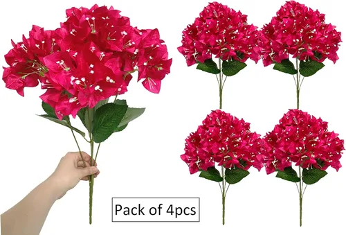 Vista 9 de Juego de 4 ramos de flores artificiales de seda de buganvillas para decoración del hogar, jardín, boda, arbustos de flores sintéticas, plantas