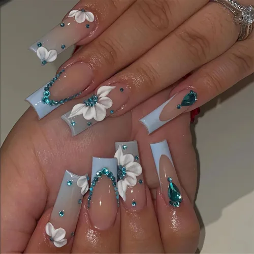 Vista 22 de BABALAL Uñas largas cuadradas a presión, uñas acrílicas rosas con dijes de flores de mariposa 3D, uñas postizas artificiales con purpurina