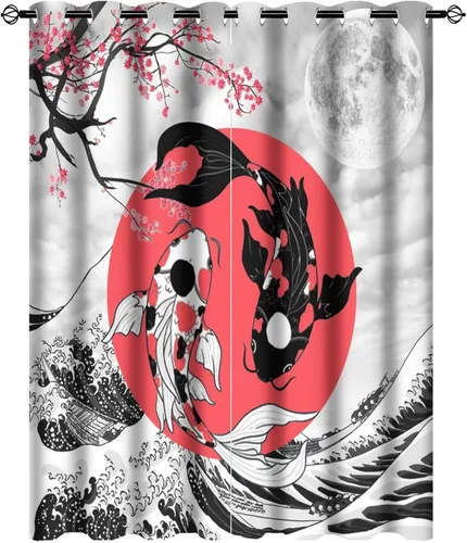 Vista 35 de Cortinas retro de pez japonés para dormitorio, estilo rústico, asiático, japonés, flor de cerezo, aislamiento térmico, oscurecimiento