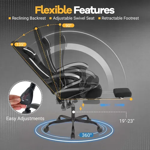 Vista 5 de Giantex Silla de juegos, silla ergonómica de escritorio para computadora con reposacabezas, soporte lumbar, reposabrazos de acoplamiento, respaldo
