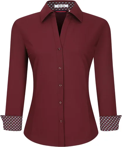 Vista 6 de WARHORSEE Camisa de botones de manga larga para mujer, camisas de vestir de trabajo, cuello en V, de fácil cuidado, elásticas, blusas casuales