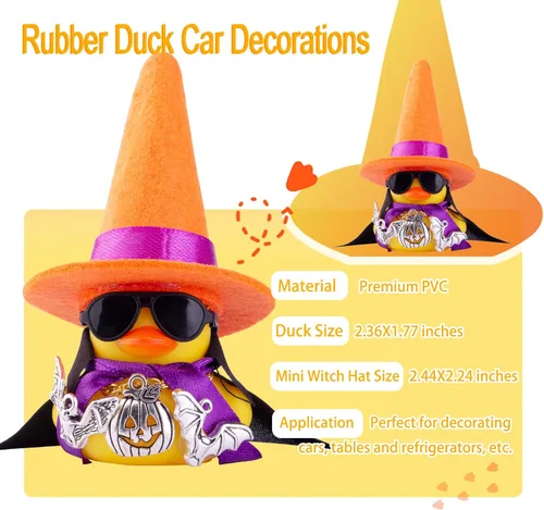 Vista 2 de Adornos de pato de goma para automóvil, decoraciones de tablero de automóvil con mini sombrero de bruja, capa, collar, accesorios de Halloween
