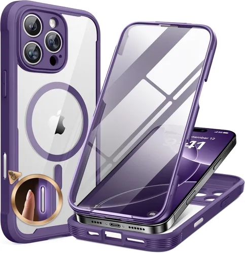 Vista 222 de Miracase Funda magnética para iPhone 14 de 6.1 pulgadas, protector de pantalla de vidrio templado integrado + protector de lente, compatible