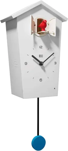 Vista 2 de KOOKOO Casa de pájaros blanca, reloj de cuco de diseño moderno con 12 voces naturales de pájaros o llamada de cuco