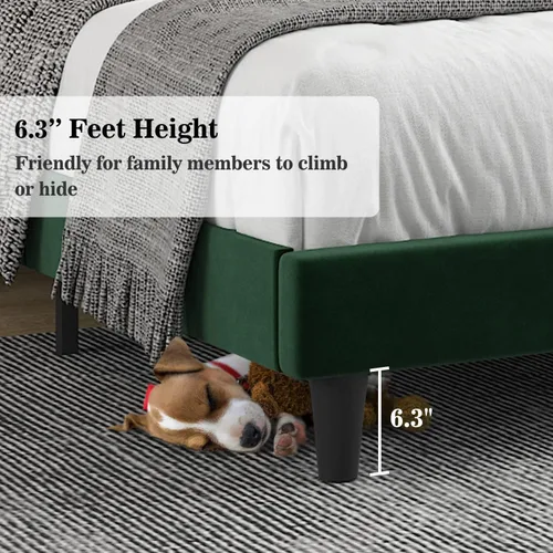 Vista 6 de Allewie Queen Bed Frame/Velvet Upholstered Bed Frame with Vertical Channel Tufted Headboard/Strong Wooden Slats/Platform Bed Frame/Mattress