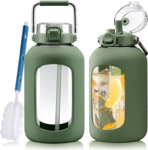 Vista 18 de WINSA Botella de agua de vidrio de 84 onzas con asa de acero inoxidable, botella de agua de 2.4L con tapa de pajita 2-EN-1, funda de silicona