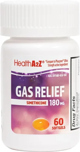 HealthA2Z® Simeticona para alivio de gases de 180 mg | Alivia las molestias estomacales y los gases | Antiflatulencia | Alivia el gas rápido (60