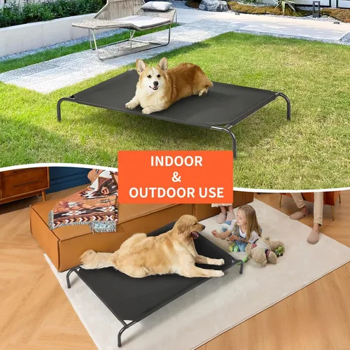 Vista 6 de Cama elevada para perros al aire libre, refrescante, transpirable, para perros grandes, hamaca portátil exterior para mascotas, marco de metal