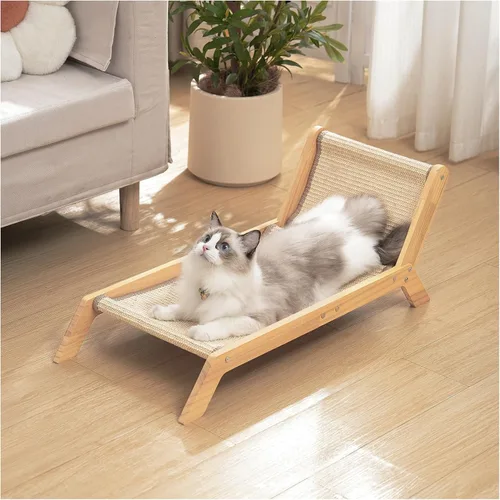 Avont Cama rascador para gatos, almohadilla rascador de sisal natural, marco de madera maciza, sillón para gatos de interior, extra grande