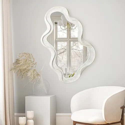 Vista 9 de Glitzhome Wavy Wall Miroor - 33.5''D Round Accent Mirror Decorative or Bedroom Living Room Entryway Hallway, Black Wood Frame