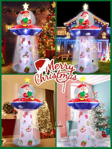 Vista 4 de Kalolary Inflables de Navidad de 8 pies para decoración al aire libre, OVNI inflable con Papá Noel, decoración de patio, luces LED integradas