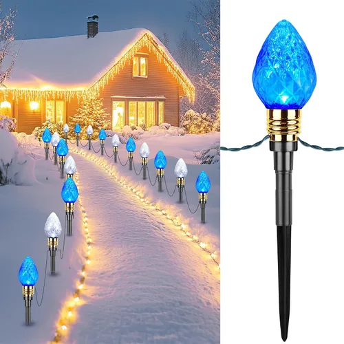 Vista 12 de Brightown Paquete de 2 Luces de Sendero Navideñas C9 de Fresa para Exteriores - Total 34.8 Pies 20 Luces LED de Sendero Navideño, Luces de Navidad