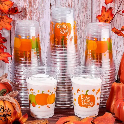Vista 7 de Meanplan 100 vasos desechables de 12 onzas para otoño, Acción de Gracias, vasos de plástico transparente para otoño, copas de vino, cosecha, hoja