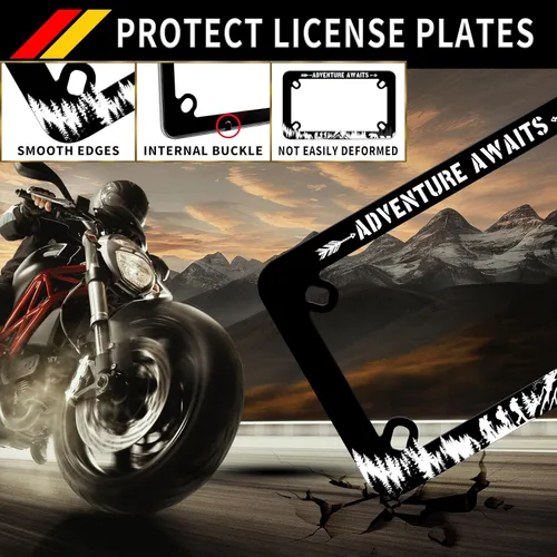 Vista 4 de Marco de placa de motocicleta Adventure Awaits - Marco de placa de acero inoxidable para senderismo de montaña, material de acero inoxidable