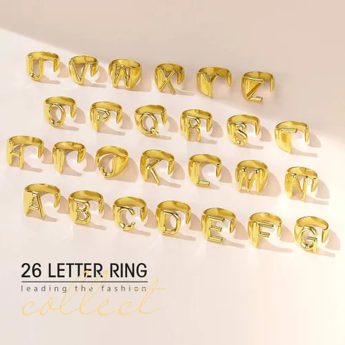 Vista 5 de KeyStyle Bold Initial Letter Ring Adjustable, GoldChic Jewelry Women Gold Statement Rings Personalised Engraved Womens Open Signet Ring for Party