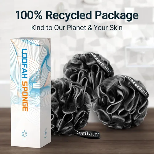 Vista 7 de AmazerBath Esponja de lufa, esponja de ducha para hombres y mujeres, juego de 3 esponjas clásicas con borde blanco y negro, esponja de baño de 2.12