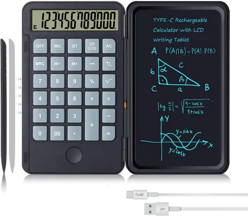 Vista 27 de Calculadoras Hion, Calculadora recargable de escritorio y de bolsillo con pantalla grande de 12 dígitos y tableta de escritura borrable