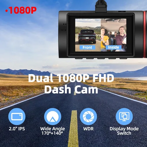 Vista 3 de Cámara de salpicadero dual frontal y interior con tarjeta de 64GB, Milerong X25 1080P para autos con visión nocturna infrarroja, grabación en bucle