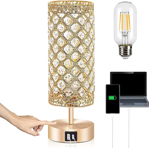 Lámpara de mesa de cristal, lámpara de escritorio dorada con control táctil, para mujer, decoración de dormitorio, 2 puertos USB, mesita de noche,